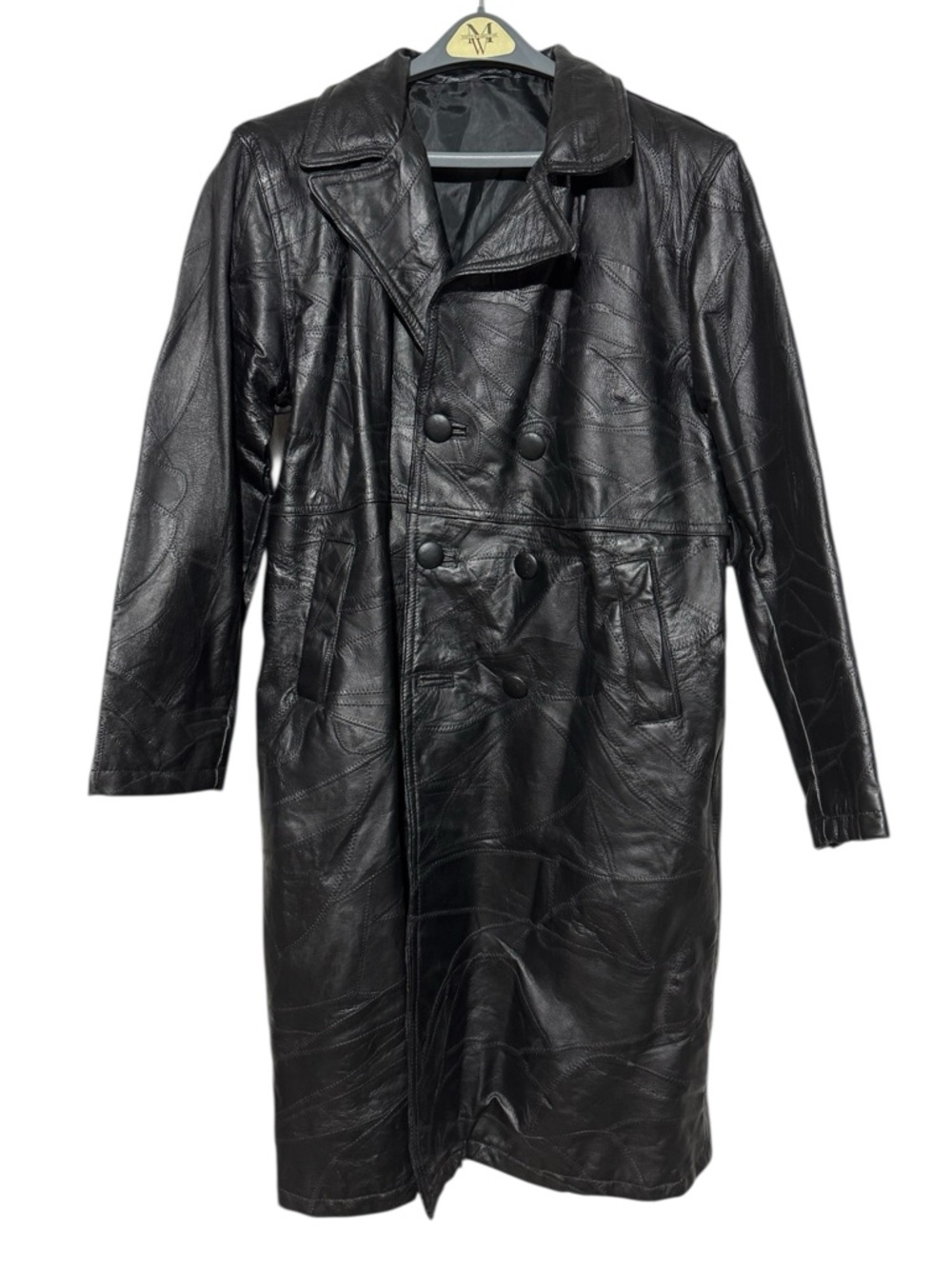 Vintage Black Leather Patchwork Trench Coat Women Size XL Western Long 80s